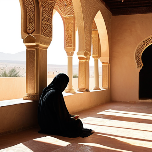 Home 14 **Prompt 1: Self-Discovery and Emerging Passion**
A solitary figure in a tranquil, traditional Arab courtyard, bathed in soft, warm light filtering through ornate archways. The person sits in a contemplative pose, eyes closed or gazing thoughtfully. From their chest, ethereal, vibrant streams of light subtly emerge, coalescing into symbolic representations of diverse passions like a delicate camera lens, a painter's brush, or flowing code snippets, gently hovering around them. The scene embodies profound self-discovery, the quiet emergence of true purpose, and inner peace. Highly detailed, introspective, dreamlike, spiritual, cinematic quality.
