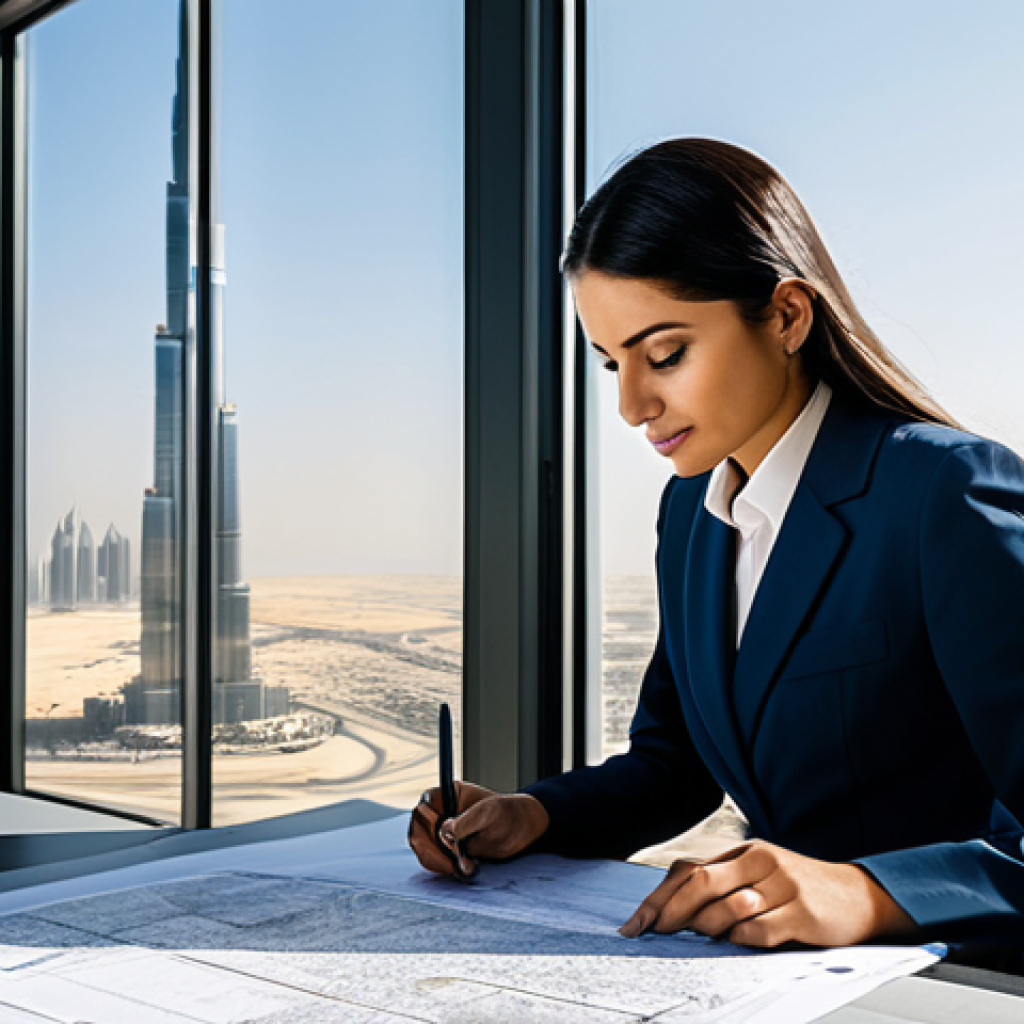 **
A professional female architect, fully clothed in modest business attire, reviewing blueprints in a sunlit, modern office in Dubai, with the Burj Khalifa visible in the background. Perfect anatomy, correct proportions, natural pose, appropriate content, safe for work, professional photography, high quality.
**