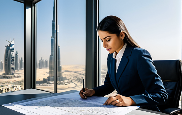 **

A professional female architect, fully clothed in modest business attire, reviewing blueprints in a sunlit, modern office in Dubai, with the Burj Khalifa visible in the background. Perfect anatomy, correct proportions, natural pose, appropriate content, safe for work, professional photography, high quality.

**