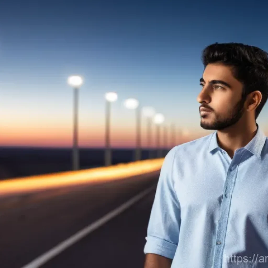 직업적 자아 정체성 찾기 - **Prompt:** A thoughtful young Arab man, in his mid-twenties, stands at a crossroads, surrounded by ...