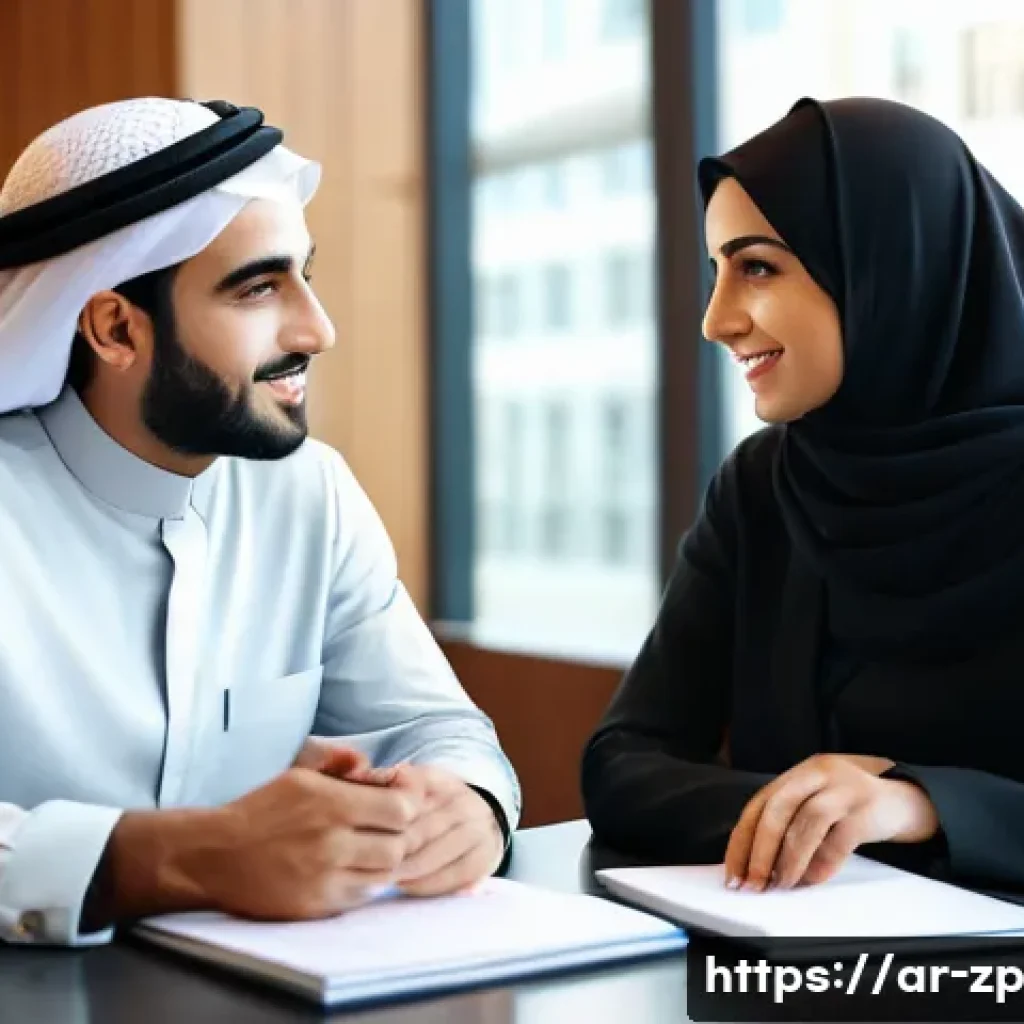 의미 있는 일 찾기 위한 네트워킹 전략 - A professional Middle Eastern man and woman engaged in a warm, respectful business conversation in a...