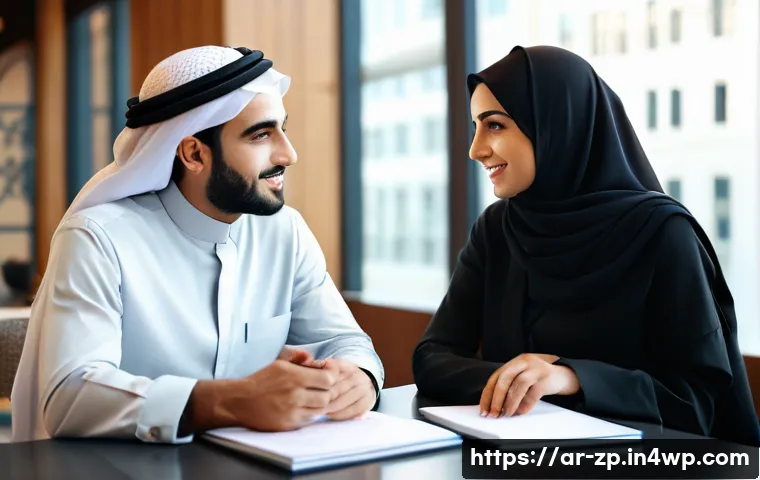 의미 있는 일 찾기 위한 네트워킹 전략 - A professional Middle Eastern man and woman engaged in a warm, respectful business conversation in a...
