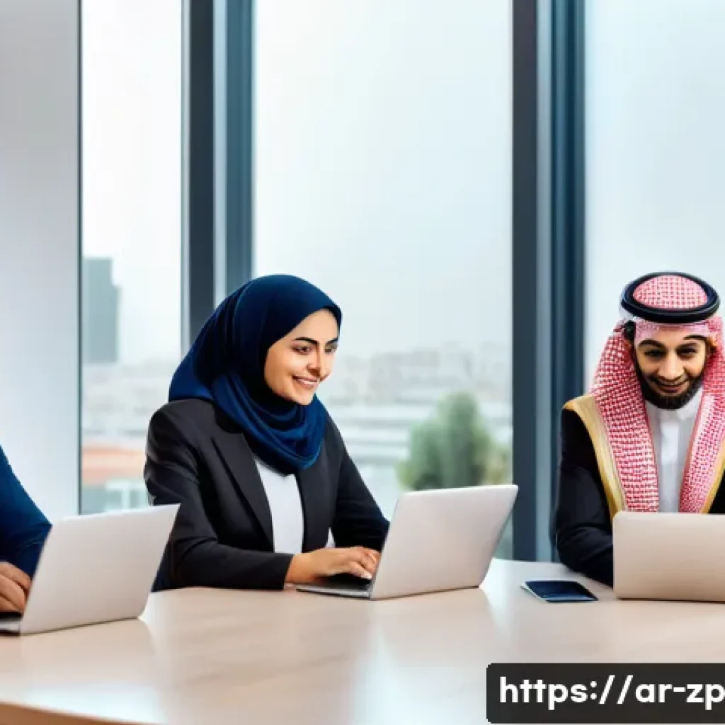 일에 대한 새로운 관점 개발하기 - A modern Middle Eastern office scene showcasing a diverse team of Arabic professionals collaborating...