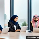 일에 대한 새로운 관점 개발하기 - A modern Middle Eastern office scene showcasing a diverse team of Arabic professionals collaborating...