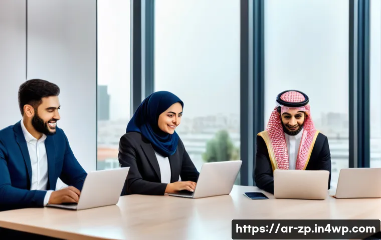 일에 대한 새로운 관점 개발하기 - A modern Middle Eastern office scene showcasing a diverse team of Arabic professionals collaborating...