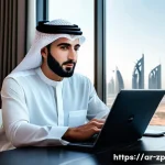 직업적 성공의 새로운 정의 - A professional Middle Eastern man in modern business casual attire working remotely on a sleek lapto...