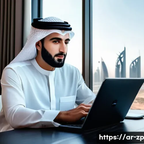 직업적 성공의 새로운 정의 - A professional Middle Eastern man in modern business casual attire working remotely on a sleek lapto...