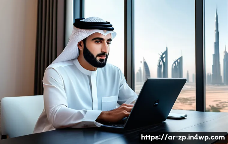 직업적 성공의 새로운 정의 - A professional Middle Eastern man in modern business casual attire working remotely on a sleek lapto...