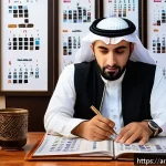 의미 있는 일을 찾는 5단계 방법 - A professional Arab man in traditional attire sitting thoughtfully at a modern desk, surrounded by s...