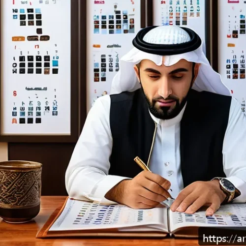 의미 있는 일을 찾는 5단계 방법 - A professional Arab man in traditional attire sitting thoughtfully at a modern desk, surrounded by s...