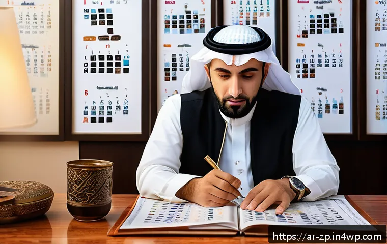 의미 있는 일을 찾는 5단계 방법 - A professional Arab man in traditional attire sitting thoughtfully at a modern desk, surrounded by s...