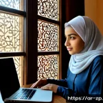 의미 있는 일을 찾기 위한 온라인 자원 - Photorealistic scene of a young Arab woman in modest contemporary clothing and a neatly draped hijab...