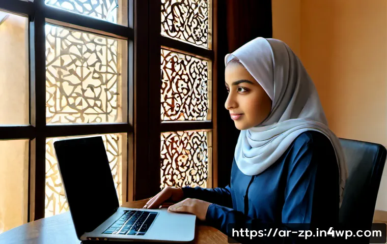 의미 있는 일을 찾기 위한 온라인 자원 - Photorealistic scene of a young Arab woman in modest contemporary clothing and a neatly draped hijab...