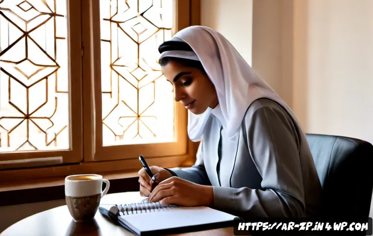 의미 있는 일 찾기를 위한 자기계발 팁 - Photorealistic Arab professional in modest contemporary business attire sitting at a tidy home offic...
