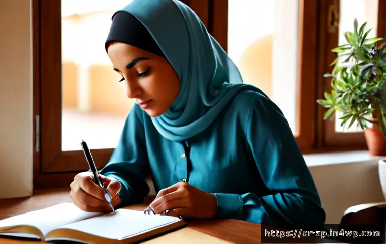 의미 있는 일 찾기 위해 필요한 자기 인식 - Photorealistic Arab woman in modest contemporary clothing and headscarf sitting thoughtfully beside ...